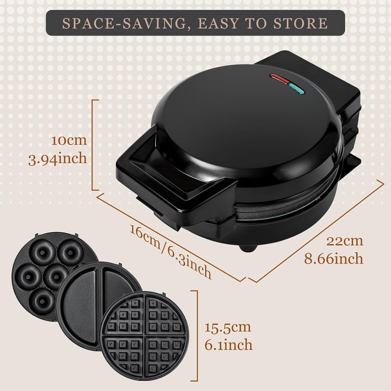 UVFAST Mini Waffles Maker with 6 Removable Plates, 3 in 1 Small Waffle Maker Mini- Waffle, Pancake, Donut, 6" Non Stick Waffle Iron for Kids and Families, Black - Image 4